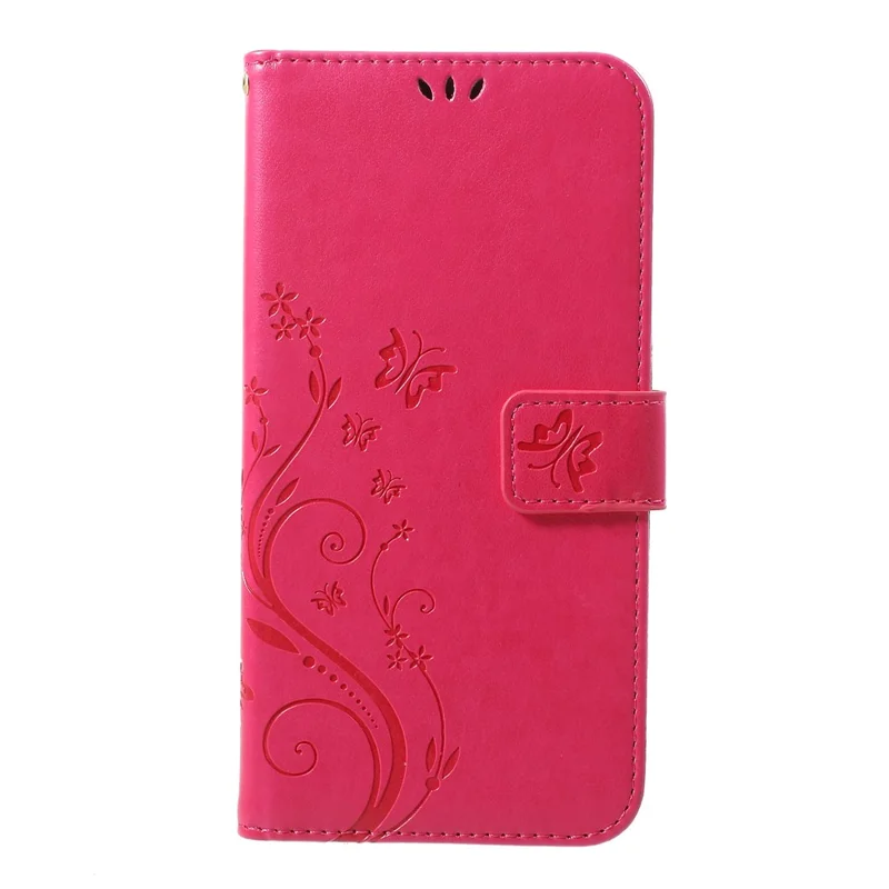 For iPhone XS Max 6.5 inch Imprint Butterfly Flower Stand Wallet Leather Cover with Strap - Rose