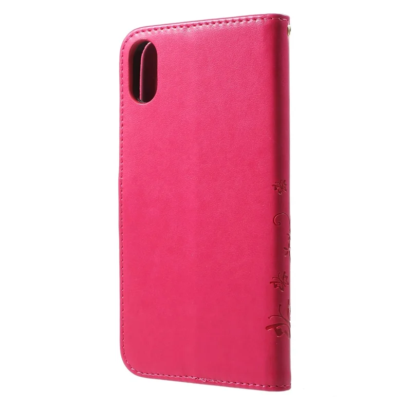 For iPhone XS Max 6.5 inch Imprint Butterfly Flower Stand Wallet Leather Cover with Strap - Rose