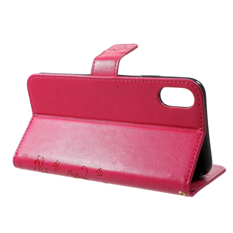 For iPhone XS Max 6.5 inch Imprint Butterfly Flower Stand Wallet Leather Cover with Strap - Rose