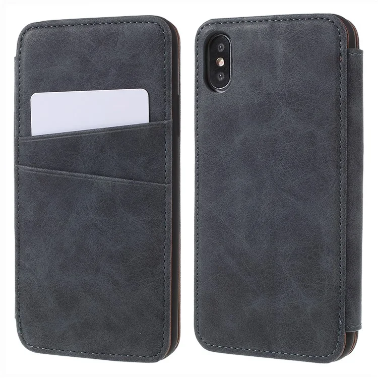 Retro Style Stand Card Holder PU Leather Cover for iPhone X - Grey