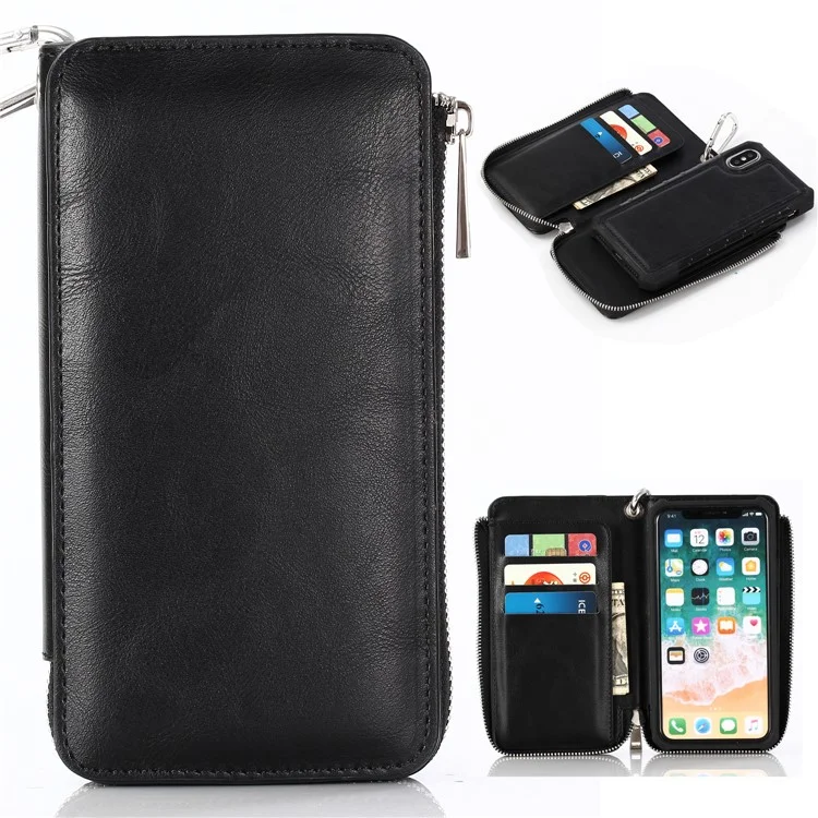 Detachable 2-in-1 Zippered Multi-slot Wallet Leather Case for iPhone X with Carabiner - Black