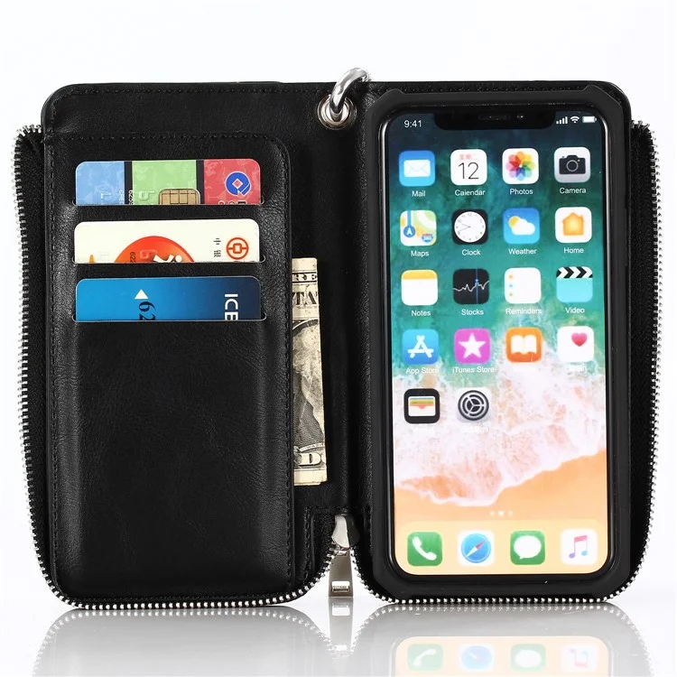 Detachable 2-in-1 Zippered Multi-slot Wallet Leather Case for iPhone X with Carabiner - Black