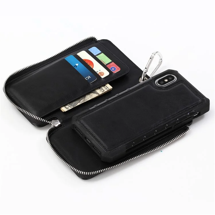Detachable 2-in-1 Zippered Multi-slot Wallet Leather Case for iPhone X with Carabiner - Black