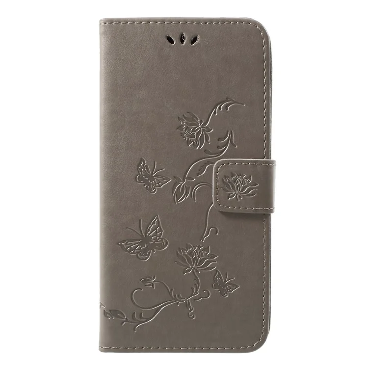 Para Iphone XR 6.1 Pulgadas Impint Butterfly Flower Stand Cuero Con Cáscara - Gris