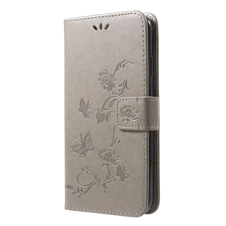 Para Iphone XR 6.1 Pulgadas Impint Butterfly Flower Stand Cuero Con Cáscara - Gris
