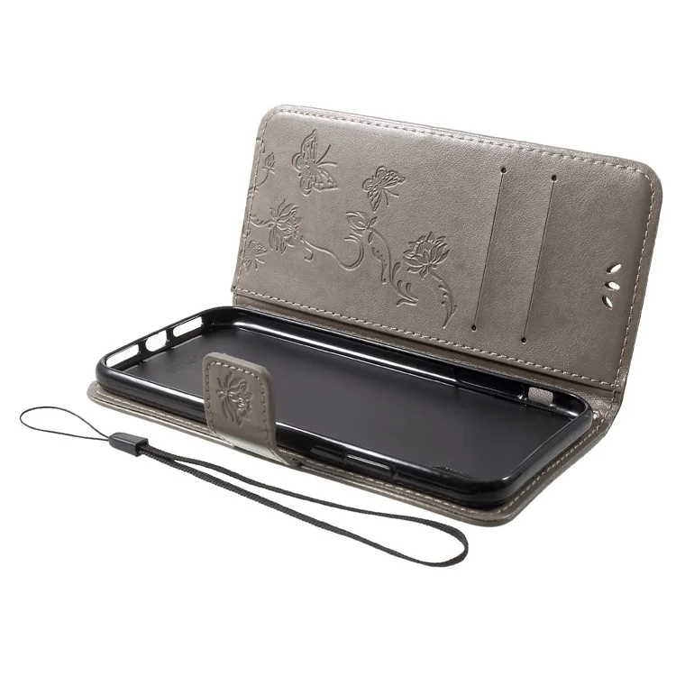 Para Iphone XR 6.1 Pulgadas Impint Butterfly Flower Stand Cuero Con Cáscara - Gris