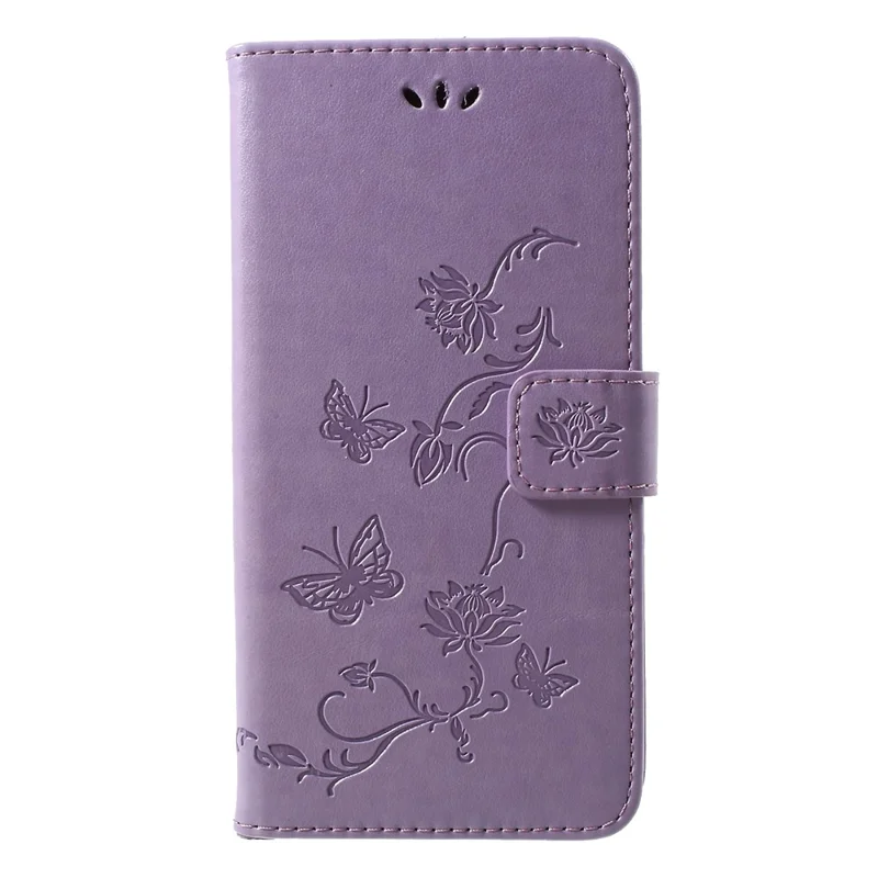 For iPhone XR 6.1 inch Imprint Butterfly Flower Wallet Stand Leather Mobile Shell - Light Purple