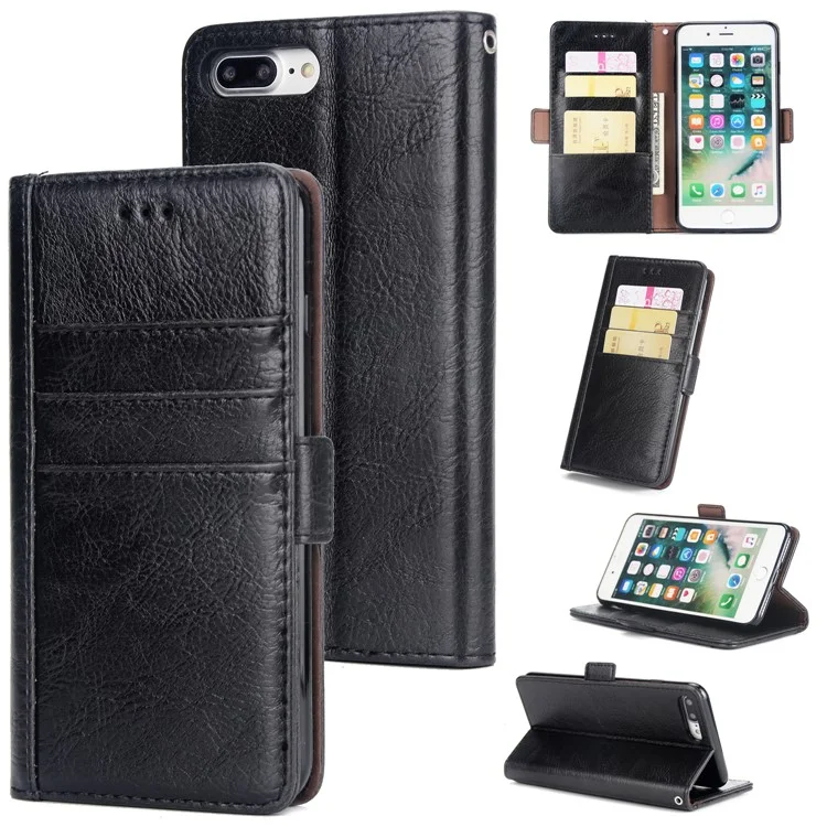 Genuine Leather Wallet Stand Mobile Phone Cover for iPhone 8 Plus / 7 Plus 5.5 inch - Black