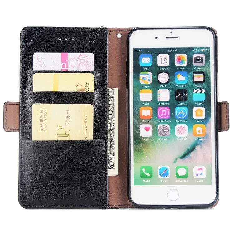 Genuine Leather Wallet Stand Mobile Phone Cover for iPhone 8 Plus / 7 Plus 5.5 inch - Black