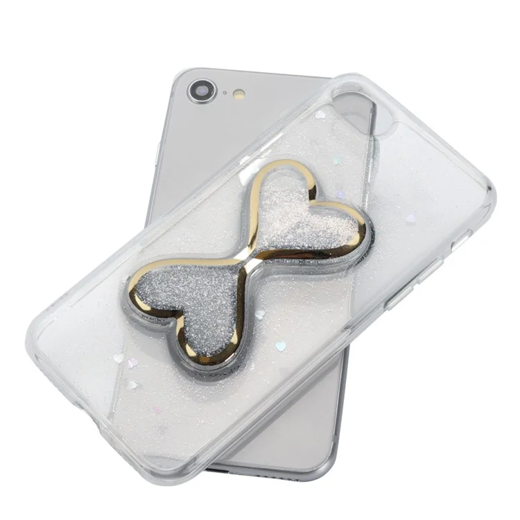 For iPhone 8 / 7 Glittery Powder Dynamic Double-heart Quicksand Epoxy PC TPU Hybrid Case - Blue