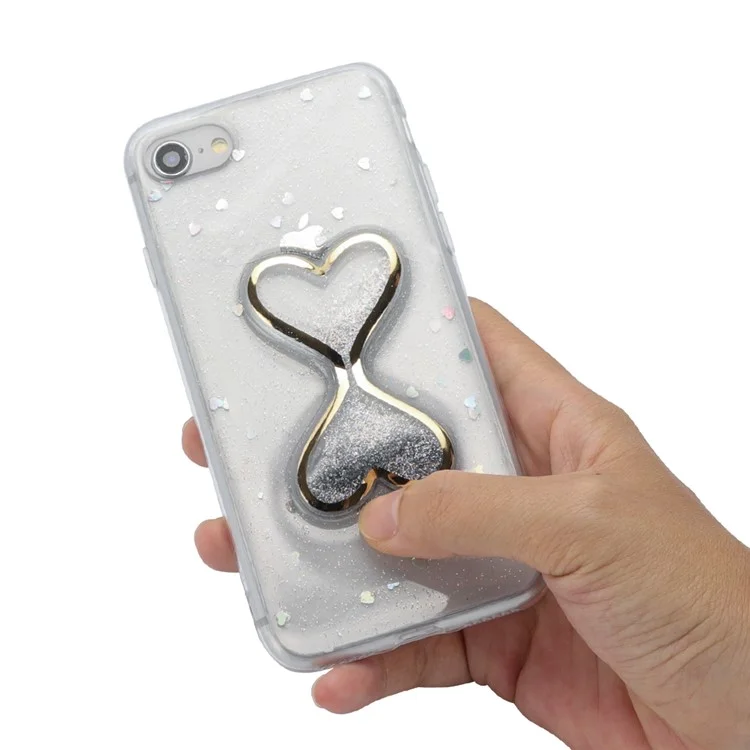 For iPhone 8 / 7 Glittery Powder Dynamic Double-heart Quicksand Epoxy PC TPU Hybrid Case - Blue