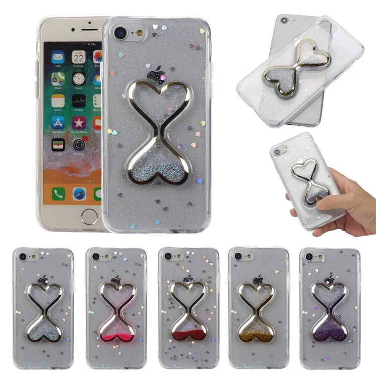 For iPhone 8 / 7 Glittery Powder Dynamic Double-heart Quicksand Epoxy PC TPU Hybrid Case - Blue