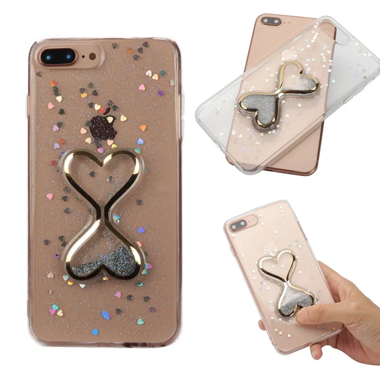 For iPhone 8 Plus / 7 Plus Dynamic Glittery Powder Double-heart Quicksand Epoxy PC TPU Combo Phone Case - Blue