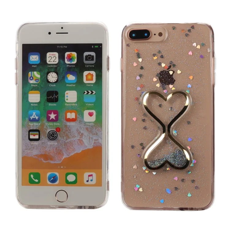 For iPhone 8 Plus / 7 Plus Dynamic Glittery Powder Double-heart Quicksand Epoxy PC TPU Combo Phone Case - Blue