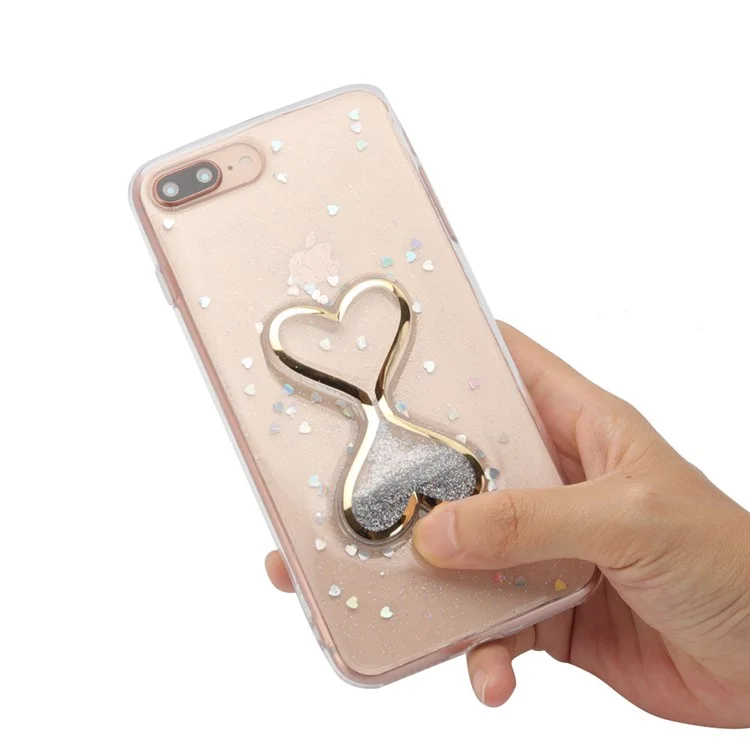 For iPhone 8 Plus / 7 Plus Dynamic Glittery Powder Double-heart Quicksand Epoxy PC TPU Combo Phone Case - Blue