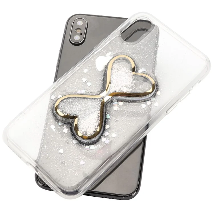 Glittery Powder Dynamic Double-heart Quicksand Epoxy Hybrid Phone Casing for iPhone X - Silver