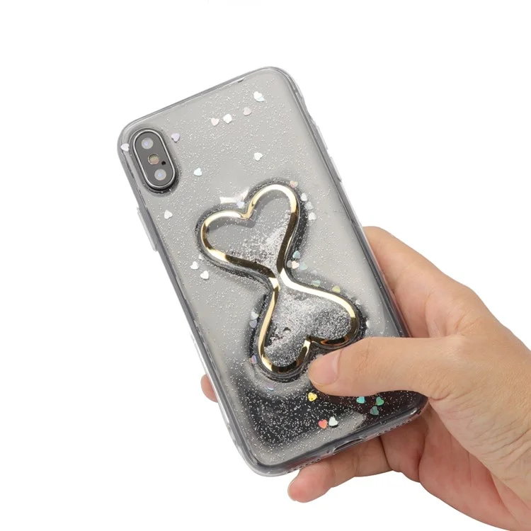 Glittery Powder Dynamic Double-heart Quicksand Epoxy Hybrid Phone Casing for iPhone X - Silver