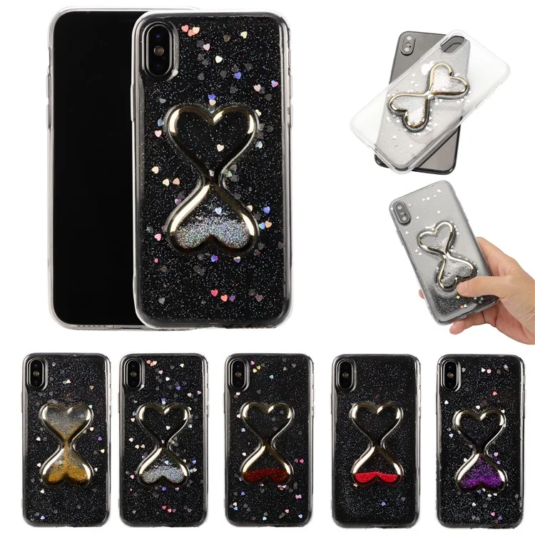 Glittery Powder Dynamic Double-heart Quicksand Epoxy Hybrid Phone Casing for iPhone X - Silver