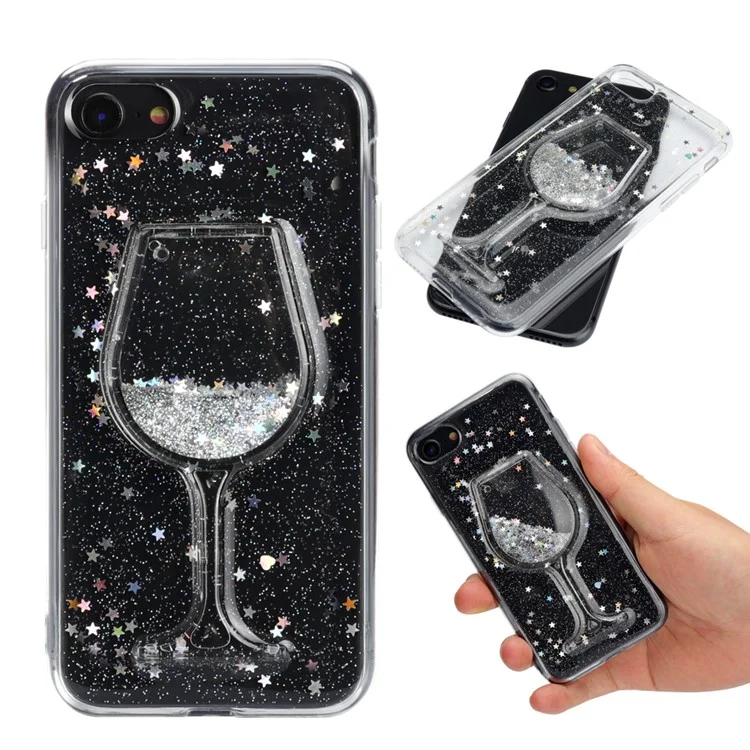 For iPhone 8/7 4.7 inch Glittery Powder Flowing Wine Glass Quicksand Epoxy PC TPU Hybrid Phone Case - Silver