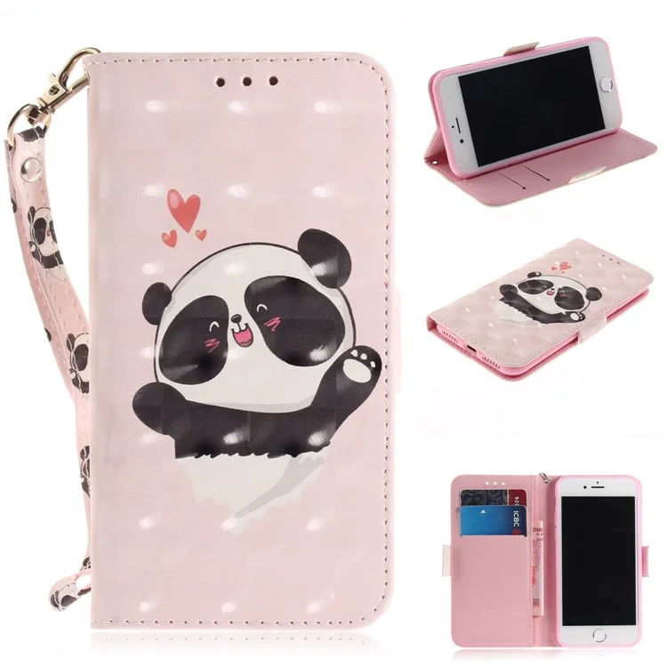 Pattern Printing Light Spot Decor Wallet Leather Stand Case for iPhone 7/8/SE (2022)/SE (2020) - Panda and Hearts