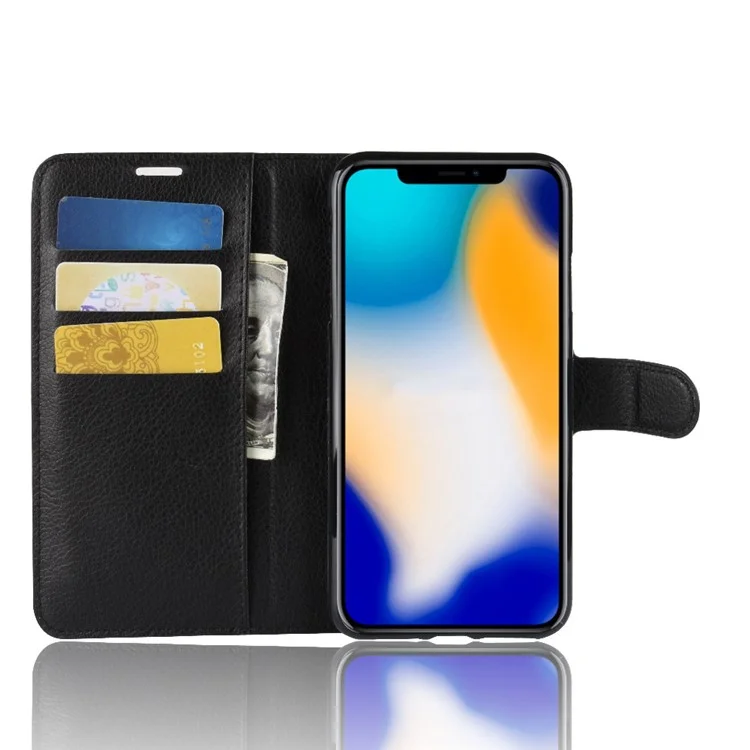 Portafoglio di Texture Litchi Stand in Pelle Protezione Del Telefono Per Iphone xs Max 6,5 Pollici - Nero