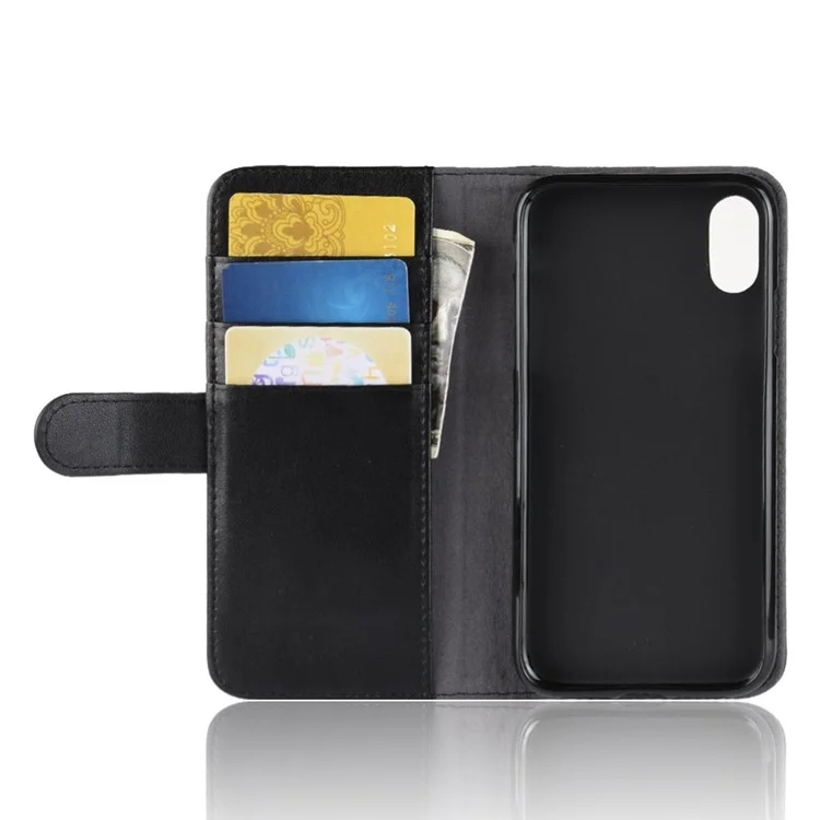 For iPhone XR Phone Cases Genuine Split Leather Wallet Mobile Cover Stand - Black