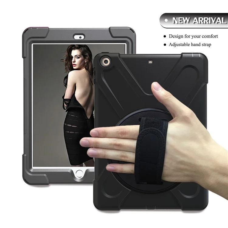 For iPad 9.7 (2018) / 9.7 (2017) X-Shape 360 Degree Swivel PC + TPU Combo Kickstand Case - All Black