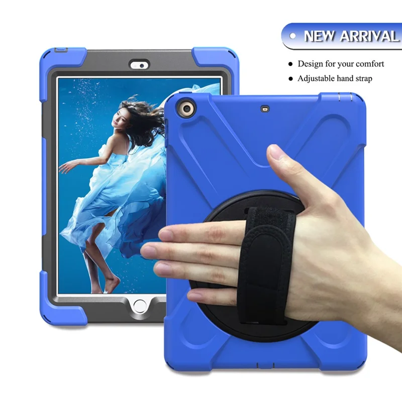 For iPad 9.7 (2018) / 9.7 (2017) X-Shape 360 Degree Swivel PC + TPU Combo Kickstand Cover Case - Dark Blue