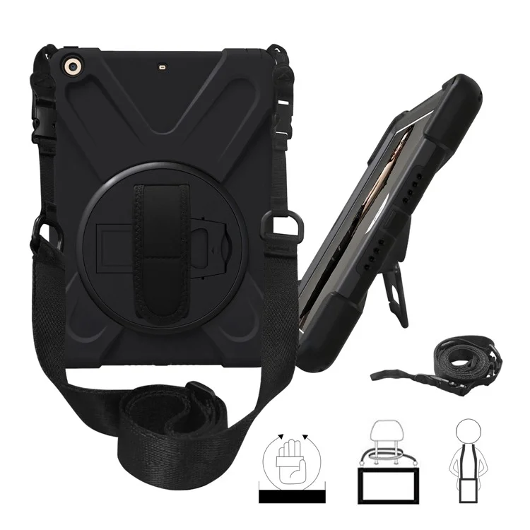 For iPad 9.7 (2018) / 9.7 (2017) X-Shape 360 Degree Swivel PC + TPU Combo Kickstand Case  with Shoulder Strap - All Black