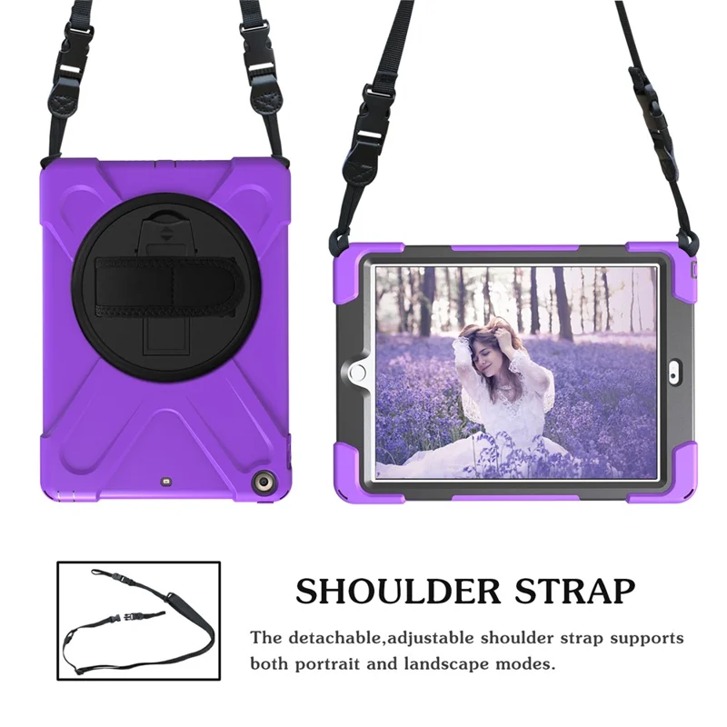 X-Shape 360 Degree Swivel PC + TPU Combo Kickstand Case with Shoulder Strap for iPad 9.7 (2018) / 9.7 (2017) - Purple