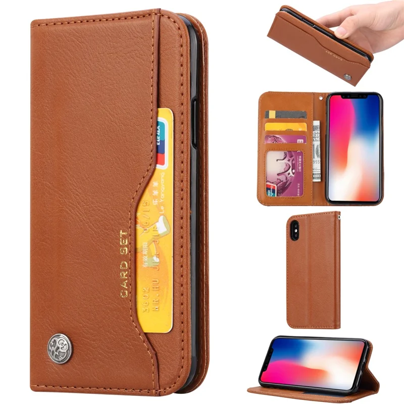 Auto-absorbed PU Leather Stand Wallet Protector Cover Case for iPhone XS Max 6.5 inch - Brown