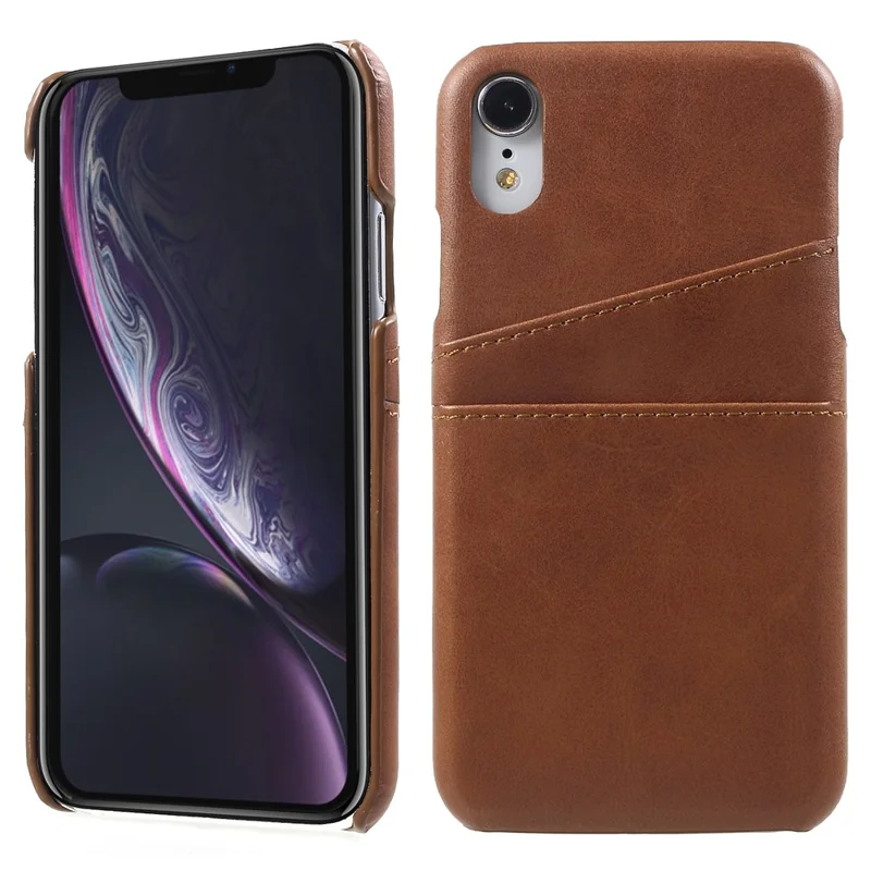 Double Card Slots Holders PU Leather Coated PC Cell Phone Casing for iPhone XR 6.1-inch - Coffee