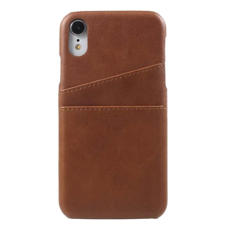 Double Card Slots Holders PU Leather Coated PC Cell Phone Casing for iPhone XR 6.1-inch - Coffee