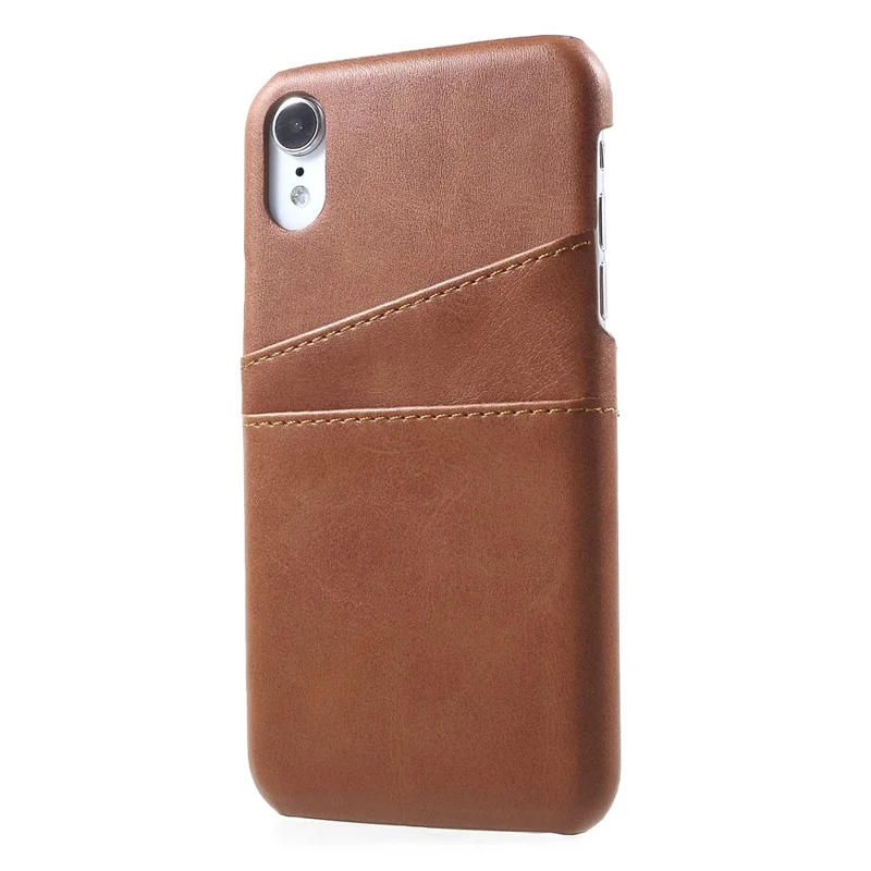 Double Card Slots Holders PU Leather Coated PC Cell Phone Casing for iPhone XR 6.1-inch - Coffee