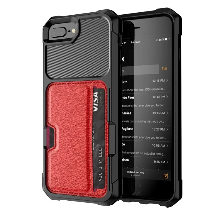 PC TPU Com Revestimento de Couro PU Shell Híbrido Para Iphone 8 Plus / 7 Plus / 6s Plus / 6 Plus - Vermelho