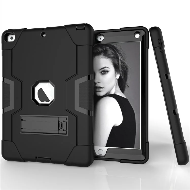 Per IPad Da 9,7 Pollici (2018) / IPad Da 9,7 Pollici (2017) Custodia Per Tablet In Silicone Bi-Color Kackstand Cover Ibrido Anti-Drop - Tutto Nero