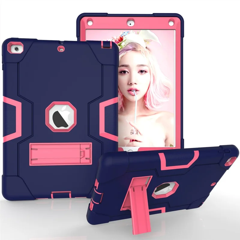 For iPad 9.7-inch (2018)/iPad 9.7-inch (2017) Bi-color PC Silicone Tablet Case Kickstand Anti-drop Hybrid Cover  - Dark Blue / Rose