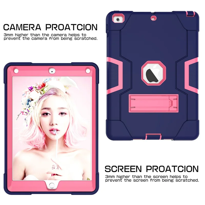 For iPad 9.7-inch (2018)/iPad 9.7-inch (2017) Bi-color PC Silicone Tablet Case Kickstand Anti-drop Hybrid Cover  - Dark Blue / Rose