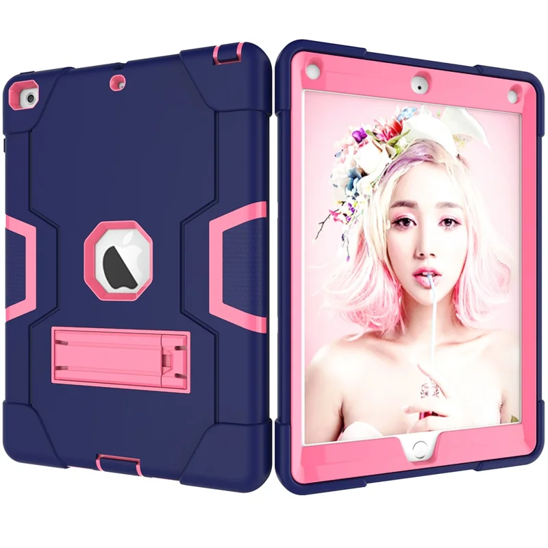 For iPad 9.7-inch (2018)/iPad 9.7-inch (2017) Bi-color PC Silicone Tablet Case Kickstand Anti-drop Hybrid Cover  - Dark Blue / Rose