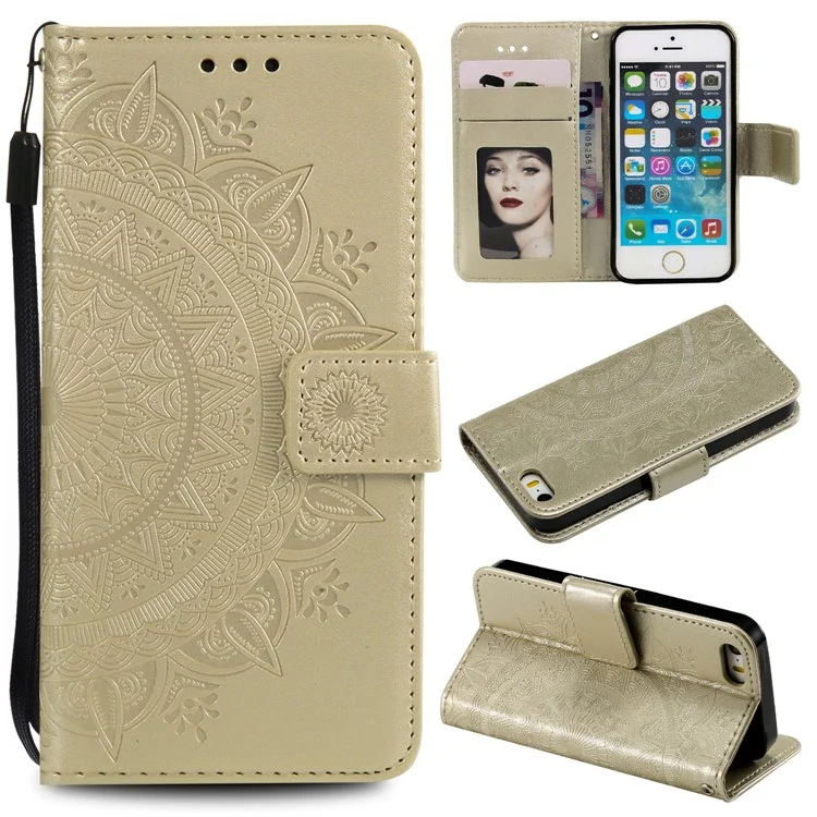 Imprinted Mandala Pattern PU Leather Protection Flip Case for iPhone SE/5s/5 - Gold