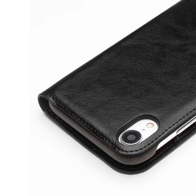 QIALINO Genuine Cowhide Leather Phone Case for iPhone XR 6.1 inch, Full Protection Folio Flip Wallet Mobile Cover - Black