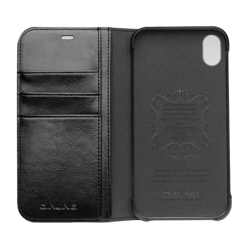 QIALINO Genuine Cowhide Leather Phone Case for iPhone XR 6.1 inch, Full Protection Folio Flip Wallet Mobile Cover - Black