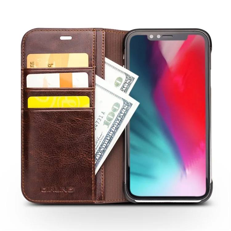 QIALINO Натуральная кожа крупного рогатого скота Чехол для iPhone XR 6.1 дюймов, Полная защита Folio Flip Wallet Мобильный чехол - Коричневый 
