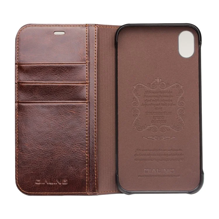 QIALINO Genuine Cowhide Leather Phone Case for iPhone XR 6.1 inch, Full Protection Folio Flip Wallet Mobile Cover - Brown