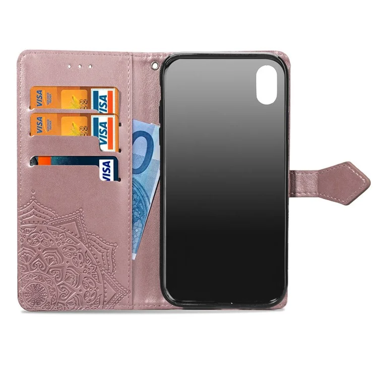 Impreso Half Mandala Flower Cuero Cartera Soporte Carcasa De Teléfono Para IPhone XR 6.1 Pulgadas - Oro Rosa