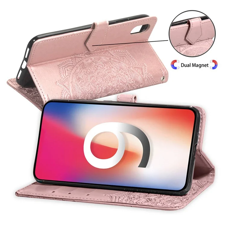 Impreso Half Mandala Flower Cuero Cartera Soporte Carcasa De Teléfono Para IPhone XR 6.1 Pulgadas - Oro Rosa