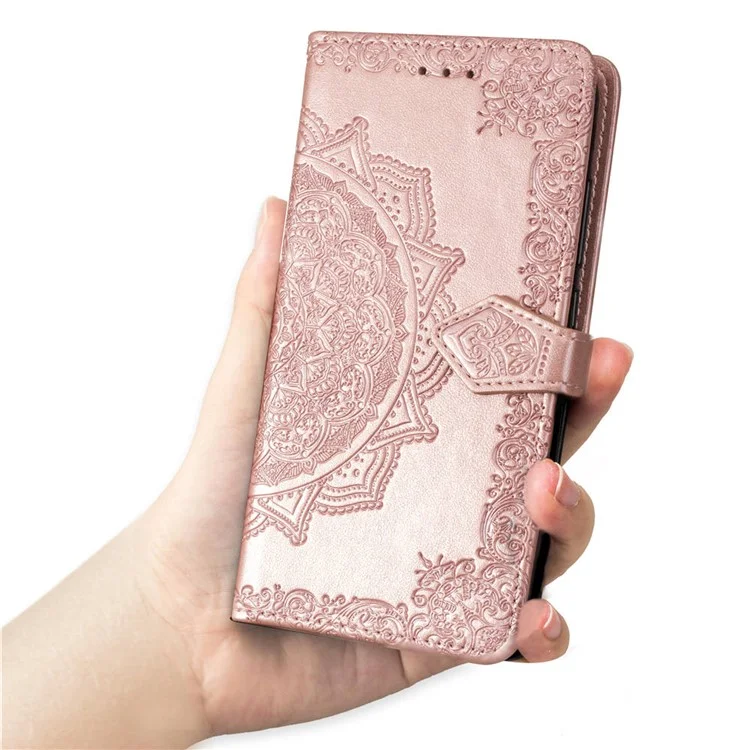 Impreso Half Mandala Flower Cuero Cartera Soporte Carcasa De Teléfono Para IPhone XR 6.1 Pulgadas - Oro Rosa