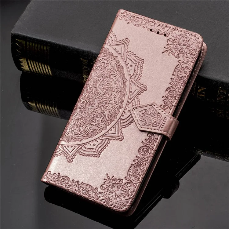 Impreso Half Mandala Flower Cuero Cartera Soporte Carcasa De Teléfono Para IPhone XR 6.1 Pulgadas - Oro Rosa