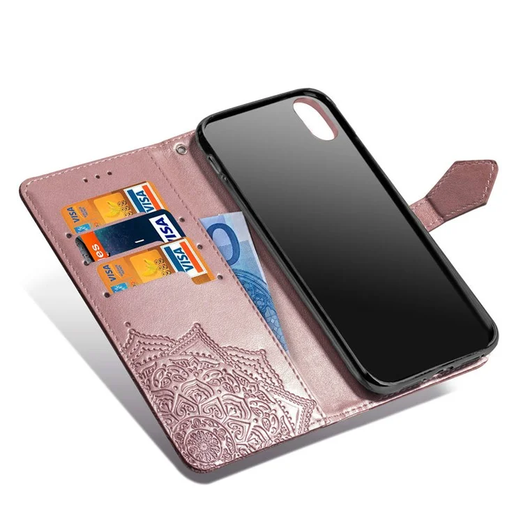 Impreso Half Mandala Flower Cuero Cartera Soporte Carcasa De Teléfono Para IPhone XR 6.1 Pulgadas - Oro Rosa