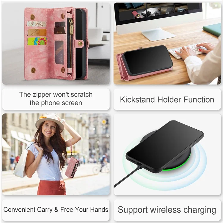CASEME 008 Series Capa Protetora para iPhone XR 6.1 polegadas, Carteira de Múltiplos Slots 2 em 1 Vintage de Couro PU - Rosa 